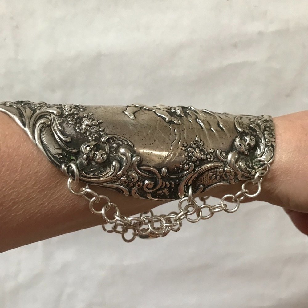 Cherub Gorham Sterling Silver 925 Bracer Wide Cuff Bracelet Gladiator Victorian - Picture 6 of 11